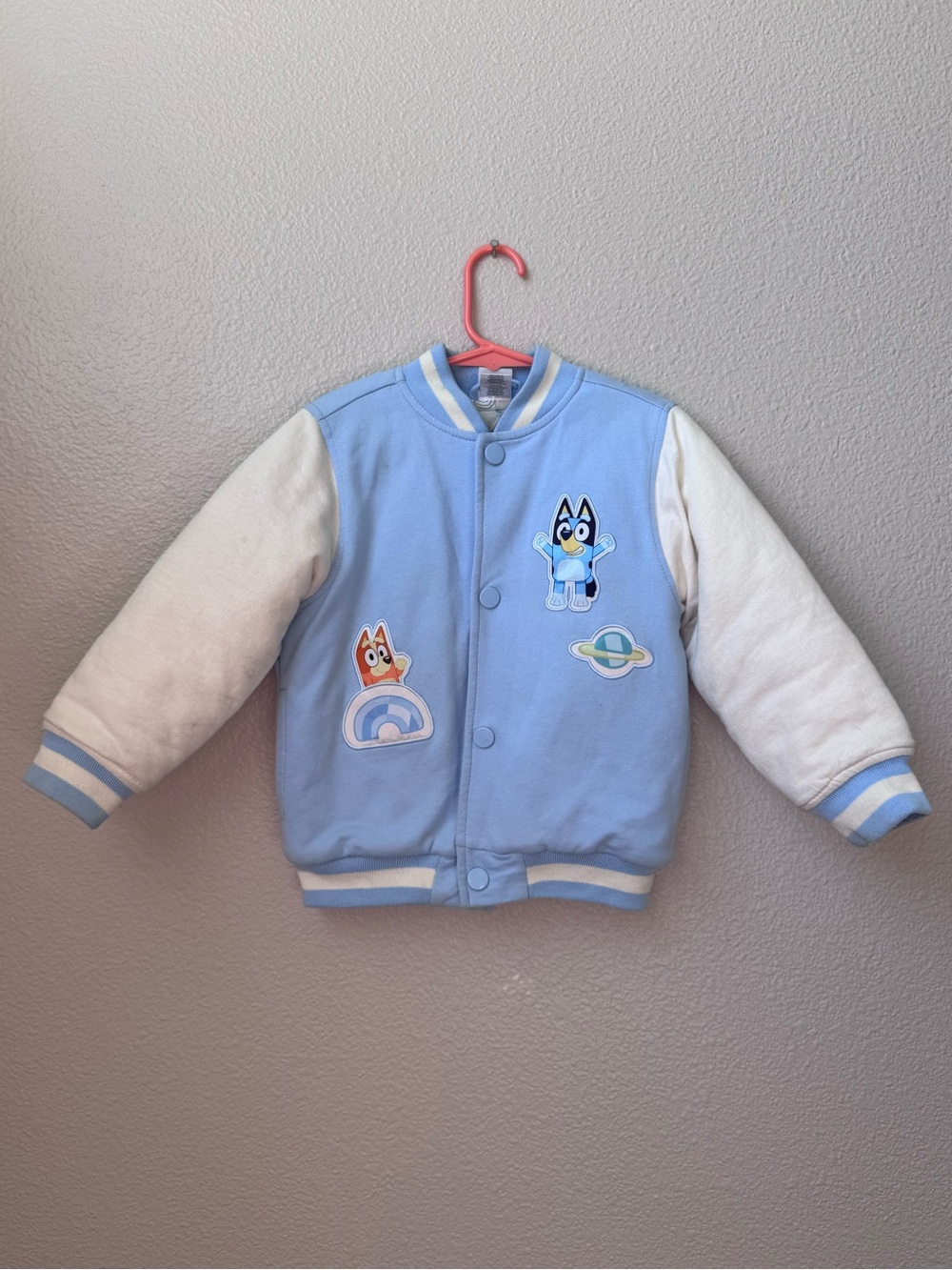 Bluey Toddler Varsity Jacket 4T Quilted Snap Front Blue & White Cartoon Coat